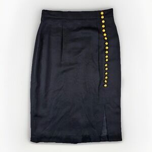 Vintage Dana Buchman Silk Pencil Skirt 8 Black Gold Button Career Old Money Prep